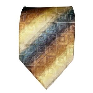 Valentino Aurelio Mens Tie Made in Italy Yellow Blue Geometric Striped 61x3.75”